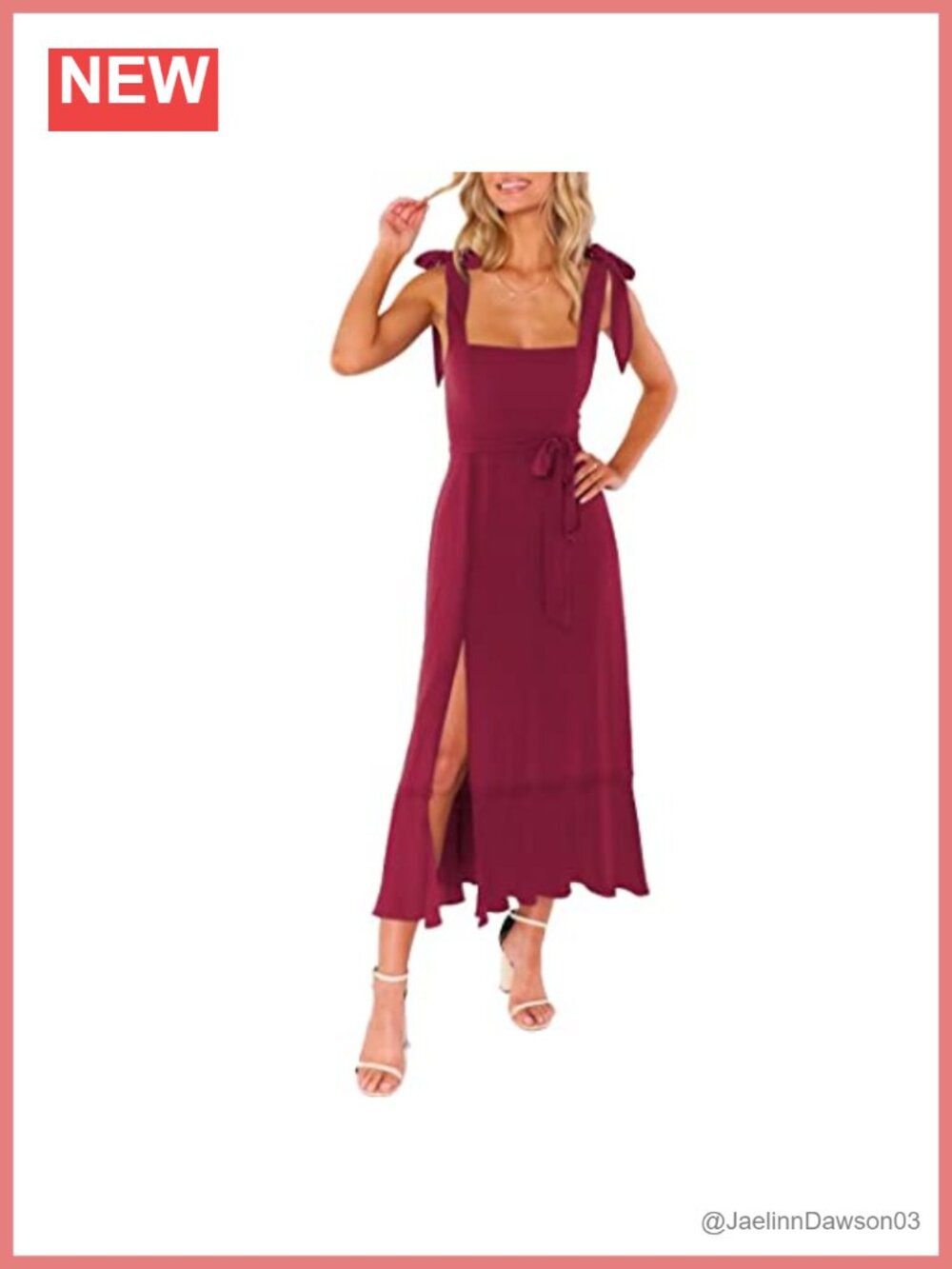Yazinie Square Neck Adjustable Strap Midi Dress Belted A-Line Slit